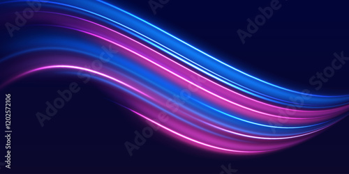 Speed police line. Laser beams, horizontal light rays. Magic shining neon light line trails. Purple glowing wave swirl, impulse cable lines. High speed effect motion blur night lights