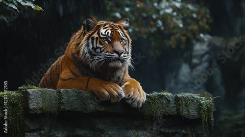 Majestic tiger resting on rocks, rainforest rain, waterfall background, wildlife conservation photo