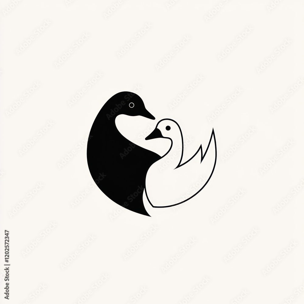 Two ducks, one black and one white, in a circle, use for concept of balance Two ducks, one black and one white, in a circle, use for concept of balance
