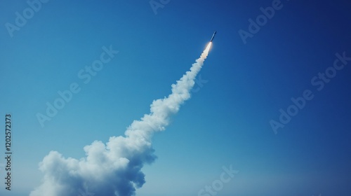Rocket launch with fiery plume against bright blue sky showing vertical take off with smoke