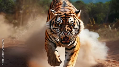 fierce tiger charging through dusty terrain