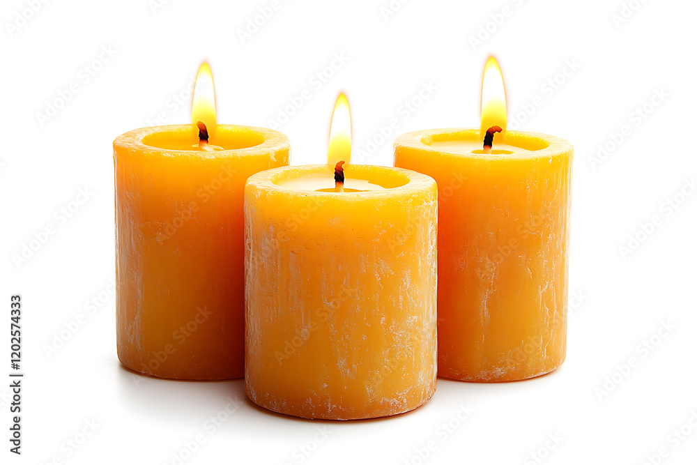 Three pillar candles with flames illuminated isolated on a white background Three pillar candles with flames illuminated isolated on a white background