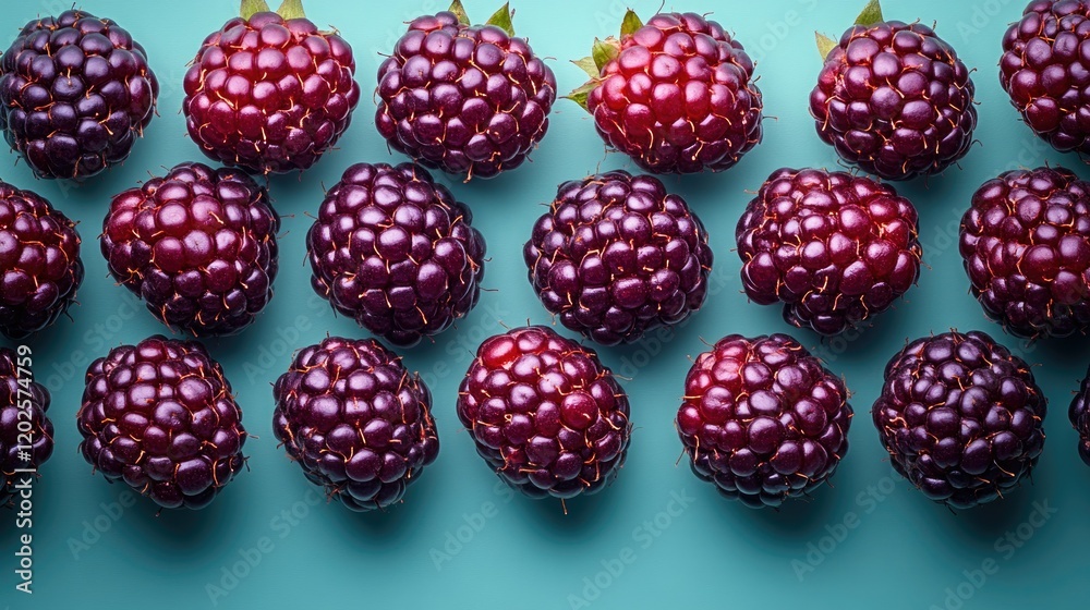 A close-up arrangement of fresh blackberries on a teal surface. A close-up arrangement of fresh blackberries on a teal surface.