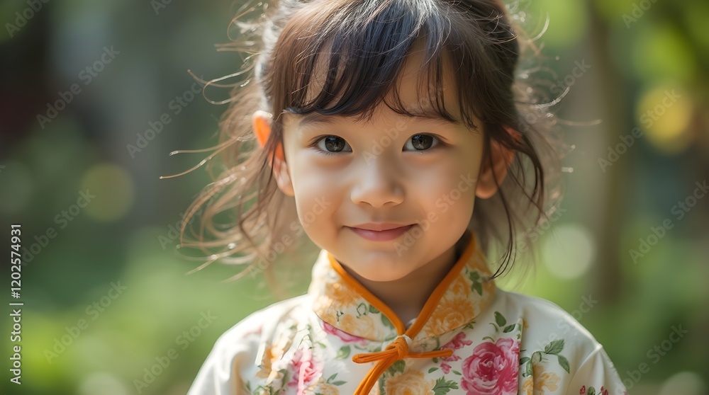 Chinese Little Girl in Traditional Clothing in a Garden Chinese Little Girl in Traditional Clothing in a Garden
