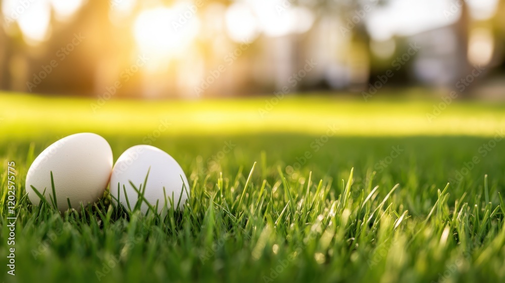 Naklejka premium Colorful easter eggs hidden among lush green grass in a sunny garden