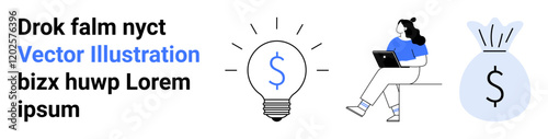 Lightbulb with dollar sign, person using laptop, and money bag symbolize financial success, innovation, and online business. Ideal for finance, entrepreneurship, online business, start-ups