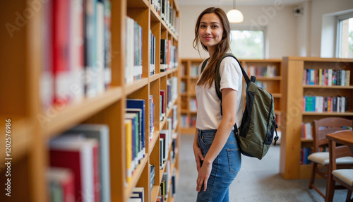 Smiling young woman browsing books in a library