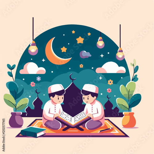 cartoon vector illustration of a person reciting mushaf