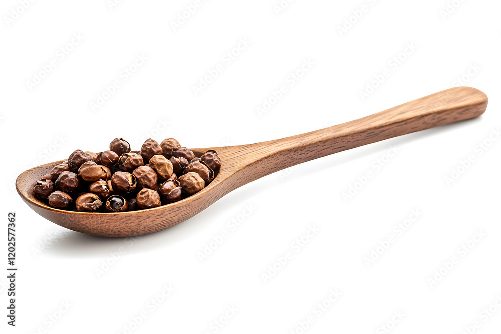 Roasted peanuts in the wooden spoon isolated on a white background Roasted peanuts in the wooden spoon isolated on a white background