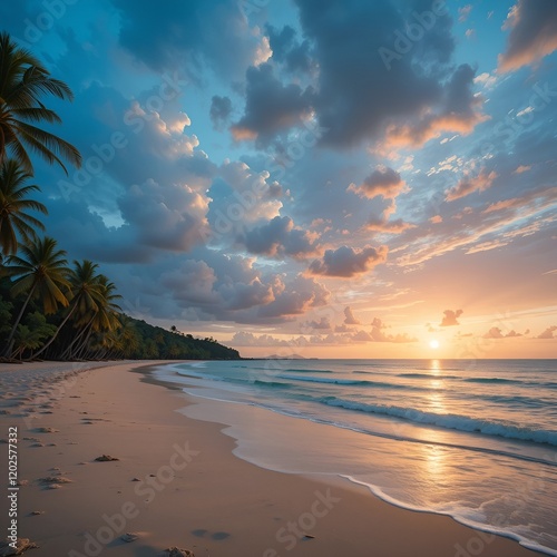 A tropical beach at sunset, with crystal-clear water and a sky filled with shades of purple and gold.