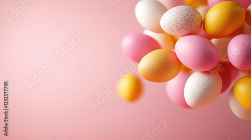 Colorful Easter eggs fly joyfully against a soft pink backdrop photo