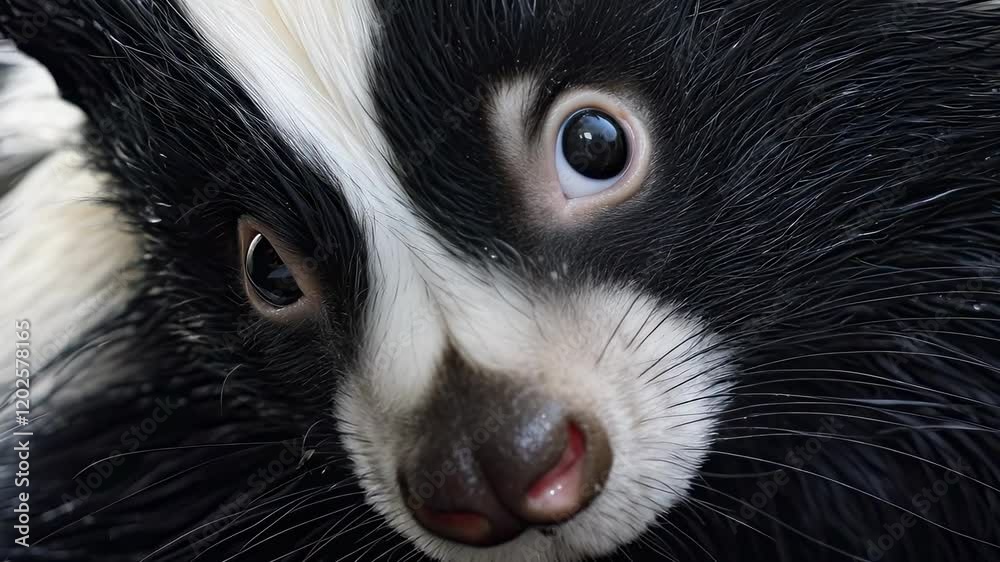 Close-up of a mesmerising skunk with striking facial features and expressive eyes Close-up of a mesmerising skunk with striking facial features and expressive eyes