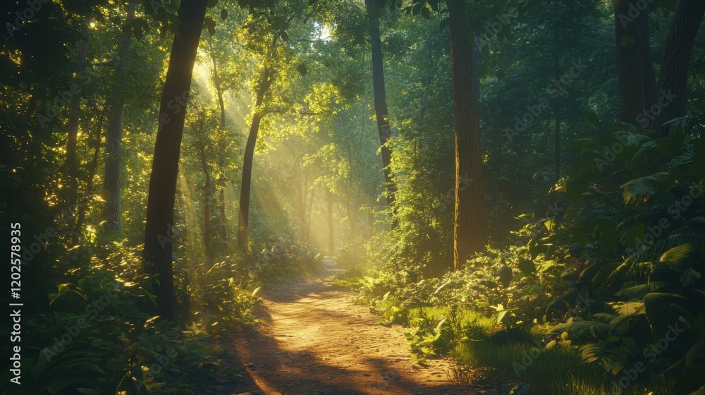 Obraz premium Sunlit forest path with lush green foliage