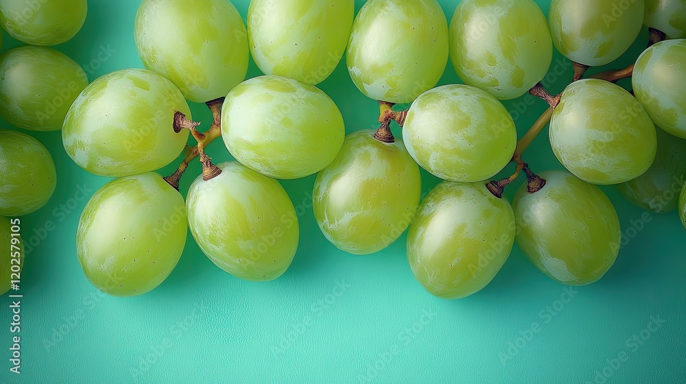 A close-up of fresh green grapes arranged on a turquoise background. A close-up of fresh green grapes arranged on a turquoise background.
