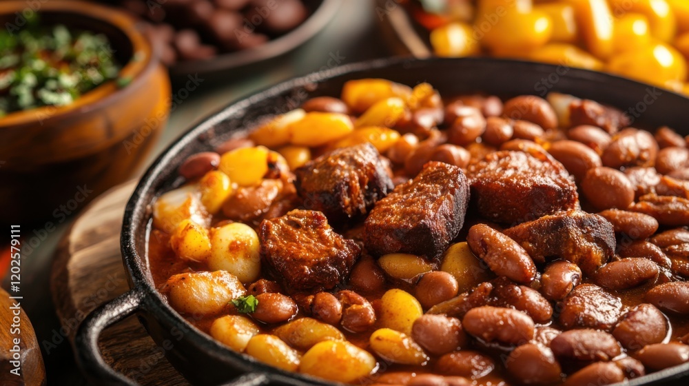 Traditional Colombian bandeja paisa with beans and meat. Featuring a hearty and flavorful dish. Highlighting the texture and flavors of the bandeja paisa. Ideal for food and cultural themes. Traditional Colombian bandeja paisa with beans and meat. Featuring a hearty and flavorful dish. Highlighting the texture and flavors of the bandeja paisa. Ideal for food and cultural themes.