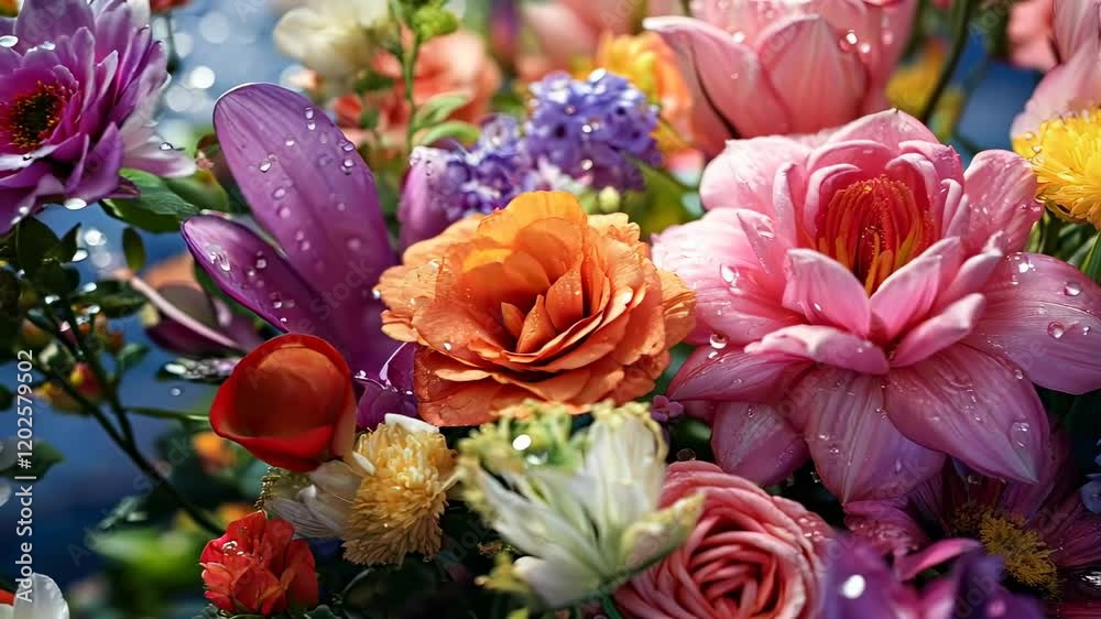 Vibrant bouquet of assorted flowers with droplets on petals Vibrant bouquet of assorted flowers with droplets on petals