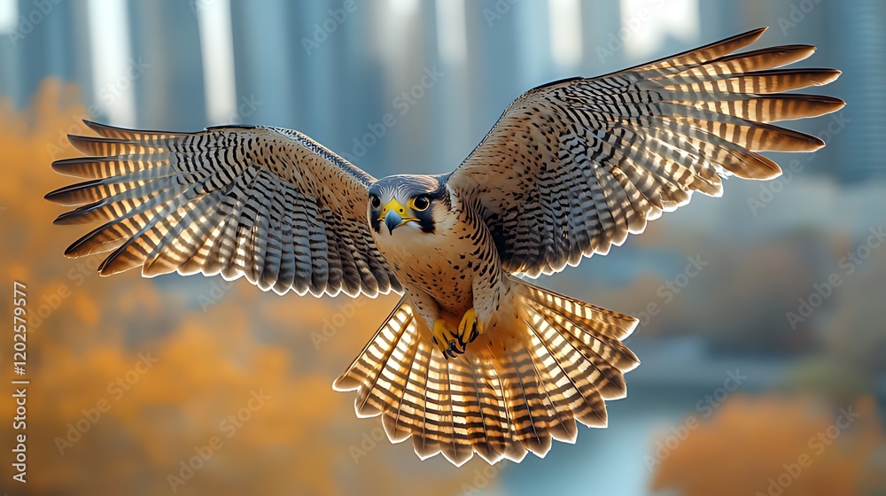 Fototapeta premium Peregrine falcon flying city autumn hunt wildlife