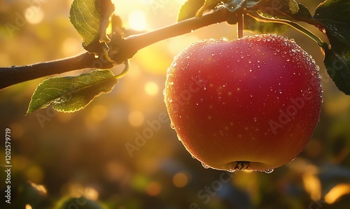 Apple on branch at sunrise, orchard, beautiful, harvest photo