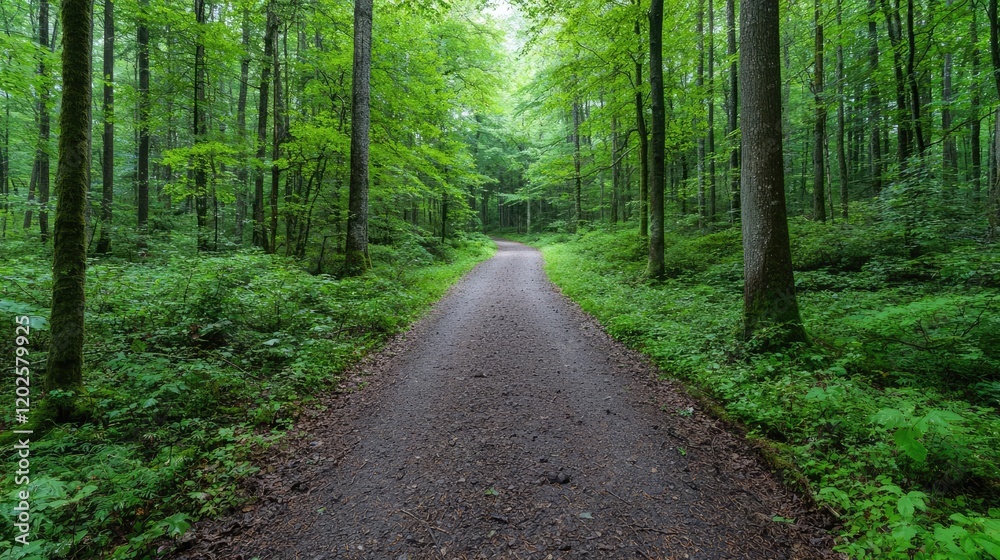 Forest path, trees, green leaves, summer, nature, tranquil scene, background for travel brochure Forest path, trees, green leaves, summer, nature, tranquil scene, background for travel brochure