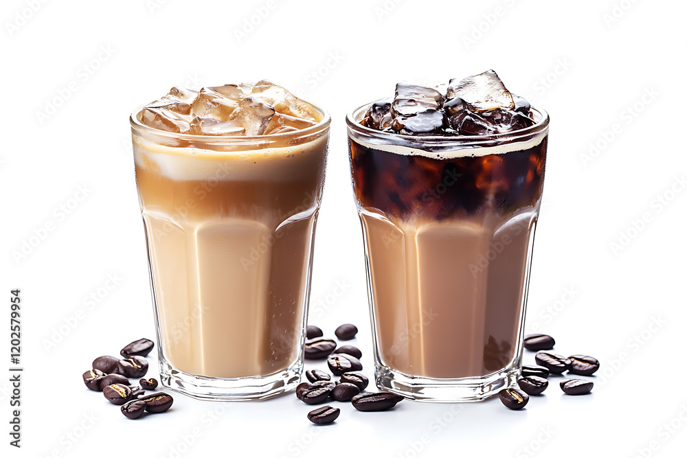Set of black ice coffee and ice latte coffee milk isolated on a white background Set of black ice coffee and ice latte coffee milk isolated on a white background