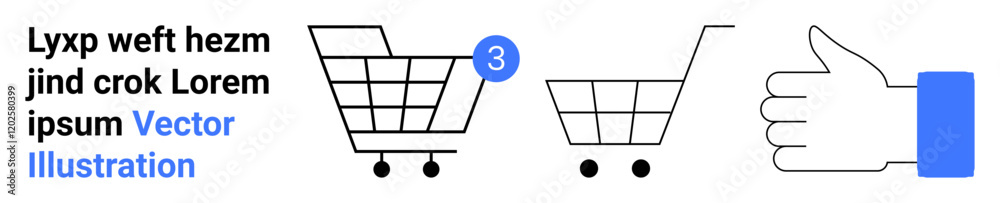 Shopping cart with item count bubble, outline trolley, and thumbs up symbol. Ideal for e-commerce, retail promotions, customer feedback, online shopping, UIUX design, web interfaces, and digital Shopping cart with item count bubble, outline trolley, and thumbs up symbol. Ideal for e-commerce, retail promotions, customer feedback, online shopping, UIUX design, web interfaces, and digital