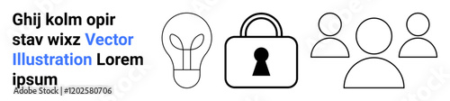 Light bulb, padlock, and group of people icons next to placeholder text. Ideal for creativity, innovation, security, team collaboration, protecting ideas, brainstorming sessions and online security