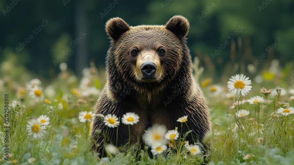 Fototapeta premium Majestic brown bear sits amidst daisies in a forest meadow, wildlife conservation