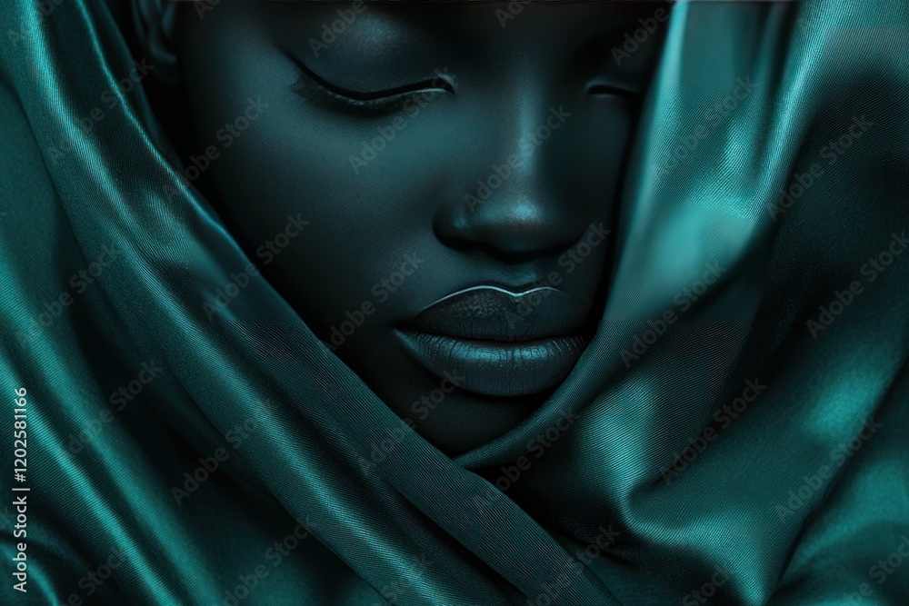 Close-up portrait of a serene Black woman enveloped in teal silk.