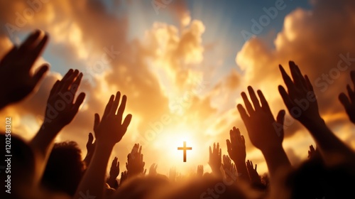Light breaks through clouds as hands rise in joyful worship