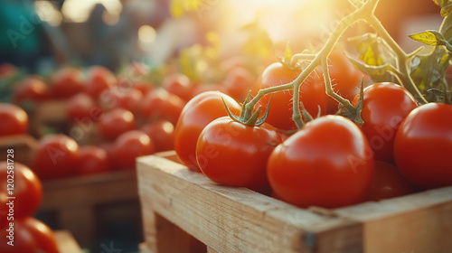 Ripe red tomatoes with vines on wooden crates, farmers picking them carefully under the bright sun, modern blurred empty caption space on the side, symbolizing harvest, agriculture, and nature's bount photo