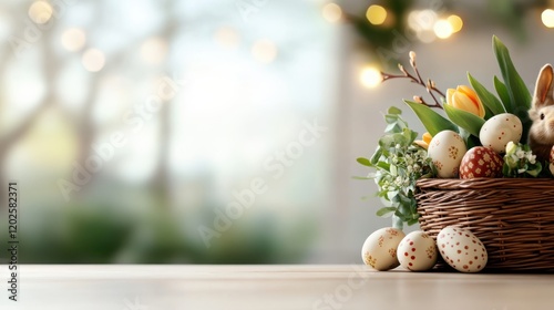 Wicker basket filled with colorful Easter eggs and a charming bunny photo