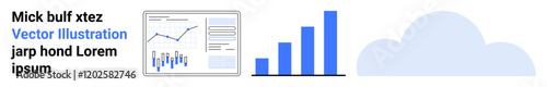 Business analytics dashboard with bar graphs, report charts, and cloud icon. Ideal for data visualization, business analysis, financial tracking, performance metrics, cloud computing, digital tools