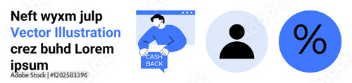 Man with cashback sign, user profile icon, percentage symbol. Ideal for financial services, loyalty programs, e-commerce platforms, marketing campaigns, customer reward systems, savings plans