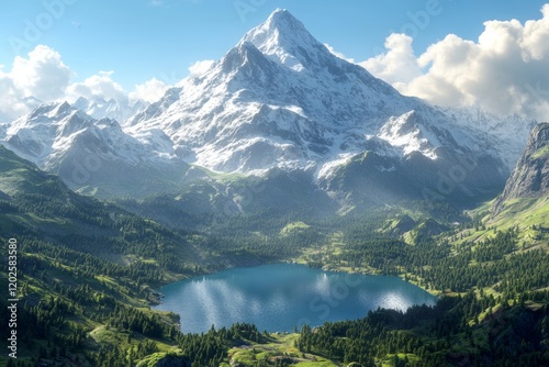 Wallpaper Mural Breathtaking alpine landscape with majestic snow capped mountain and reflective blue lake Torontodigital.ca