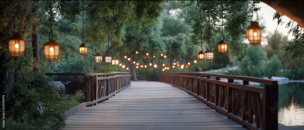 Fototapeta premium A charming pathway adorned with hanging lanterns invites a magical evening stroll beneath lush trees, sparking romance and curiosity.