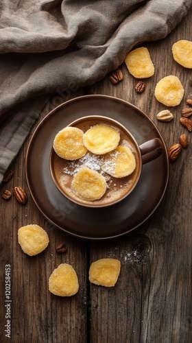 Banana slices coffee drink on wooden table photo