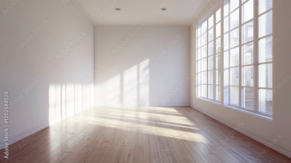Sunlight streams into an empty, bright, white room with hardwood floors and large windows. Sunlight streams into an empty, bright, white room with hardwood floors and large windows.