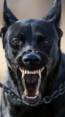 Black dog snarling, outdoors, possible protection work photo