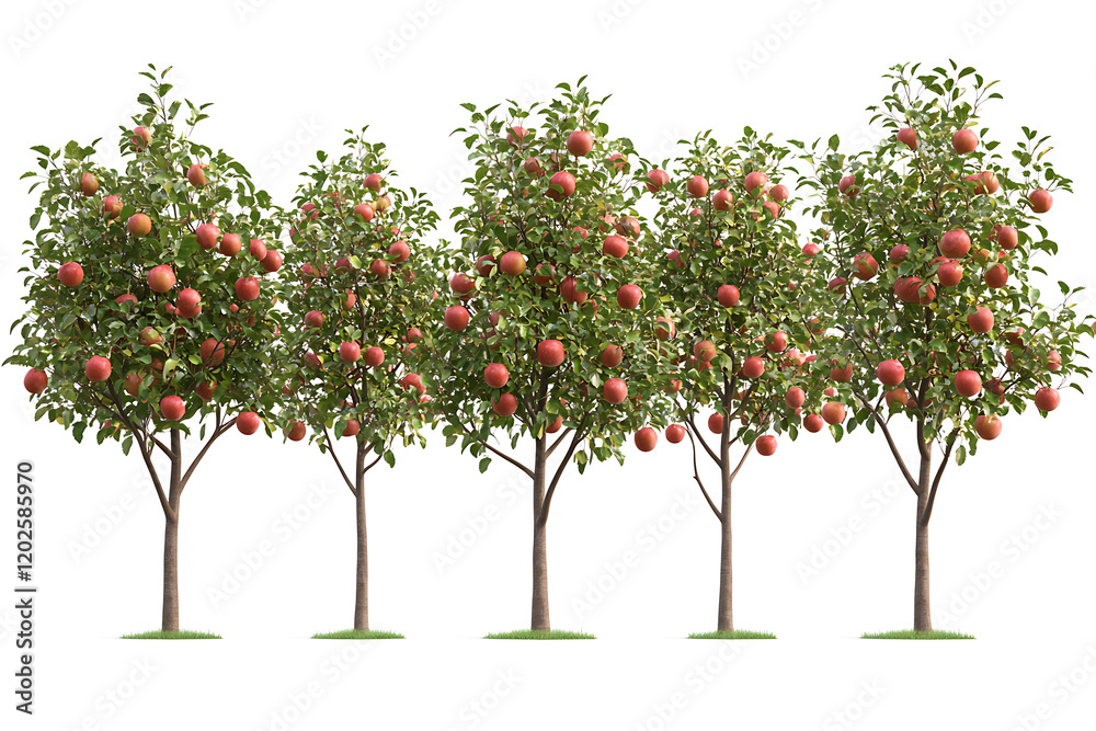 Set of orchard trees with ripe red apples isolated a white background Set of orchard trees with ripe red apples isolated a white background