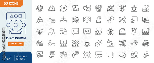 Discussion line editable icon set. Containing meeting, conference, dialogue, chat, communication, and more. Vector illustration