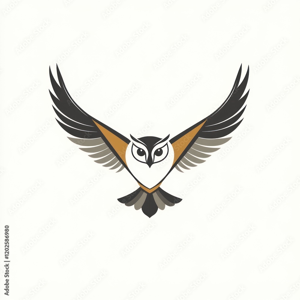 Stylized owl with open wings flying on a white backdrop. Stock graphic design Stylized owl with open wings flying on a white backdrop. Stock graphic design