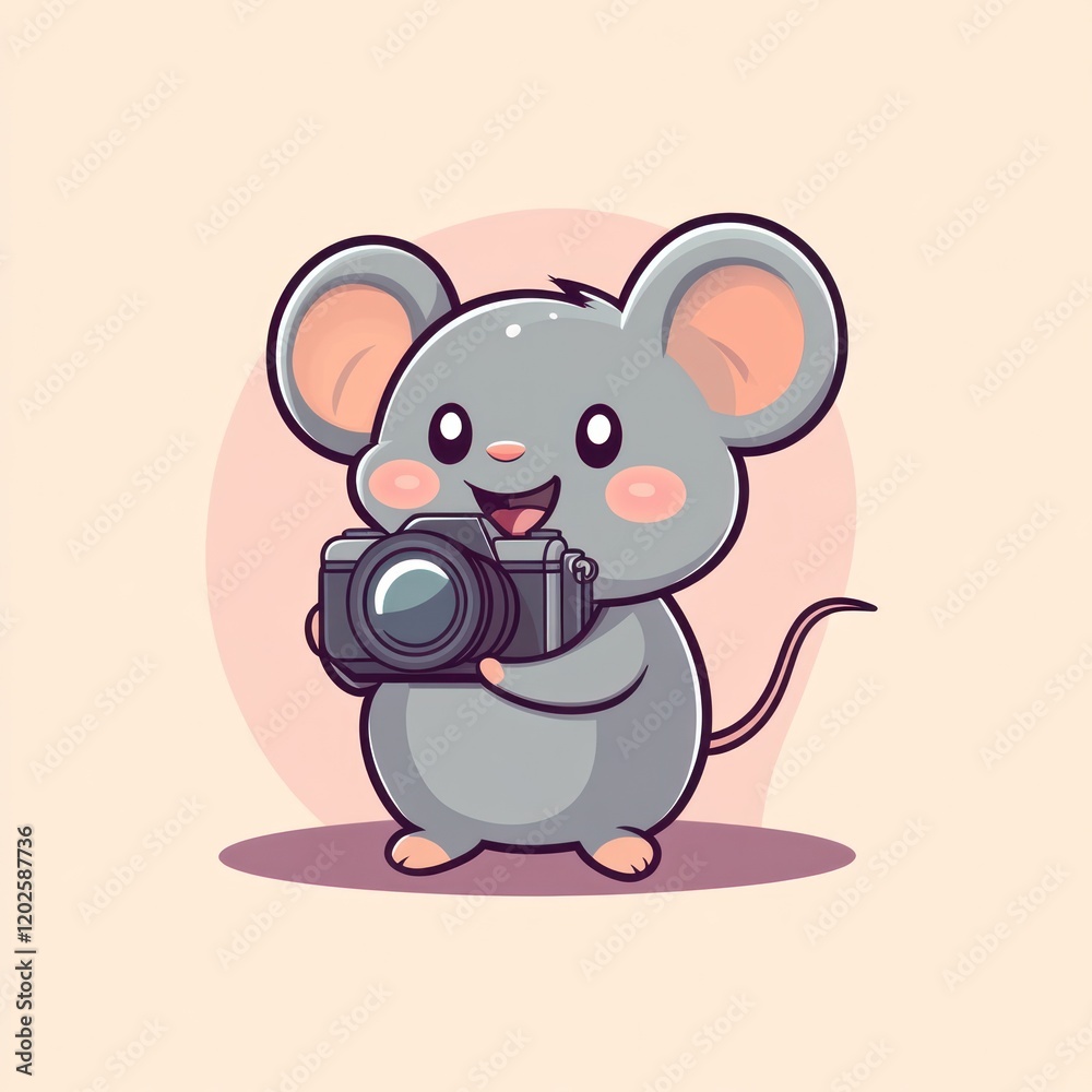 A gray cartoon mouse holds a camera on a pink background, suitable for kids' media