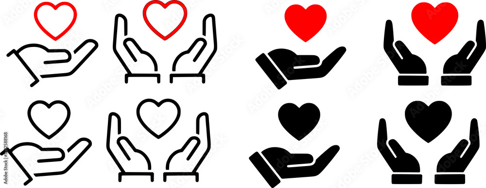 Heart in hand icons set. Hands holding heart icon. Love icon. Health, medicine symbol. Healthcare hands holding heart flat and line style - stock. Heart in hand icons set. Hands holding heart icon. Love icon. Health, medicine symbol. Healthcare hands holding heart flat and line style - stock.