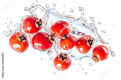 Red guarana falling in water splash isolated a white background