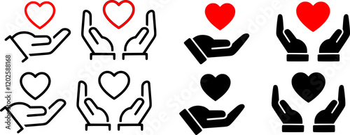 Heart in hand icons set. Hands holding heart icon. Love icon. Health, medicine symbol. Healthcare hands holding heart flat and line style - stock.