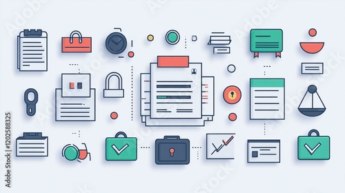 A digital document with compliance icons (checkmarks, scales, lock) representing legal adherence and security. 156
