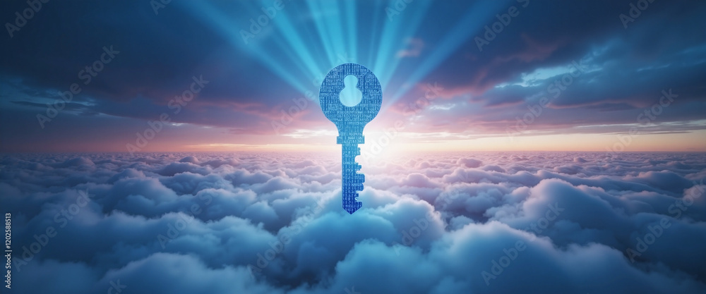 Fototapeta premium Digital key symbolizing empowerment in a digital landscape with ethereal blue light rays illuminating clouds at sunrise