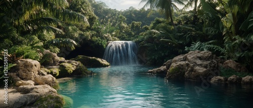 A pristine waterfall cascades into a turquoise pool, surrounded by lush tropical greenery, creating a hidden paradise.