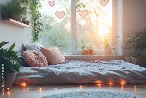 Bright bedroom with natural light, soft bedding, potted plants, and decorative heart accents creating a cozy and serene atmosphere

 photo