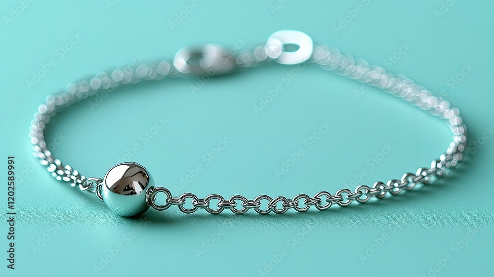 A delicate silver bracelet featuring a polished ball and chain design on a turquoise background. A delicate silver bracelet featuring a polished ball and chain design on a turquoise background.